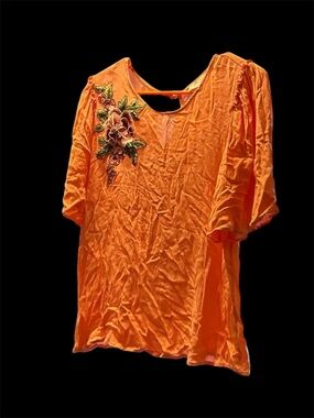 Misia Orange Floral-Applique Puff Sleeve Blouse